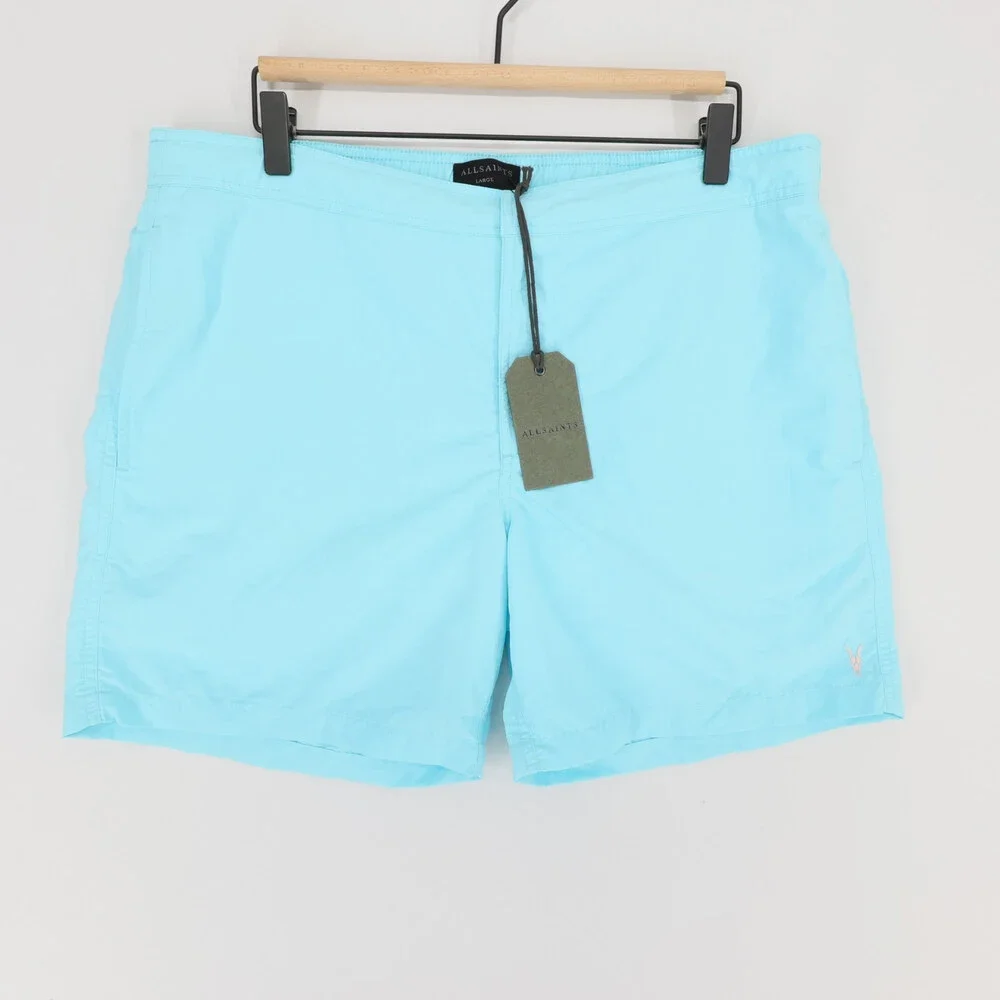 AllSaints Warden Swim Trunks Mens L Blue Ramskull Mesh Lined Elastic Waist